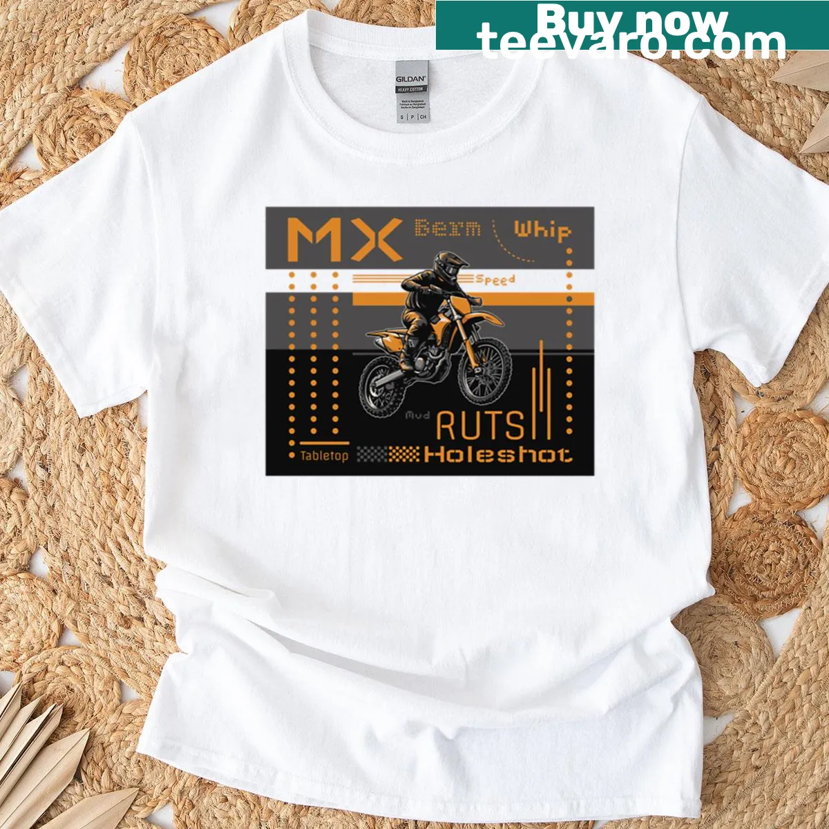 Orange T-shirt featuring an anatomical illustration of a motocross bike — on a men's t-shirt