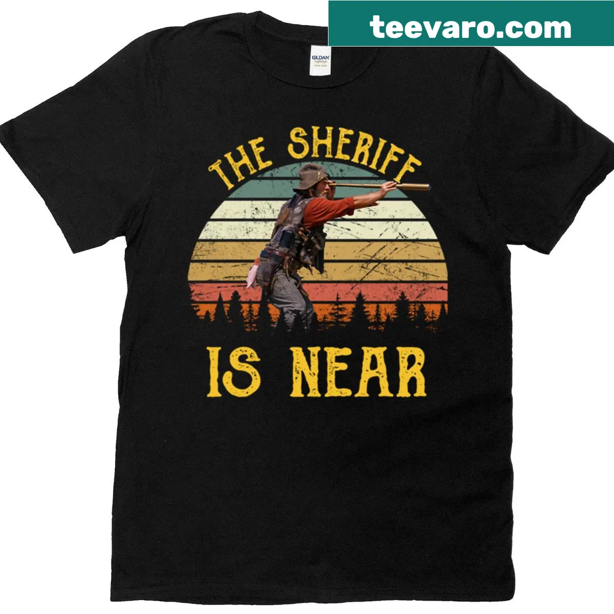 Typographic t-shirt with the phrase 'The Sheriff Is Near' — on a men's t-shirt