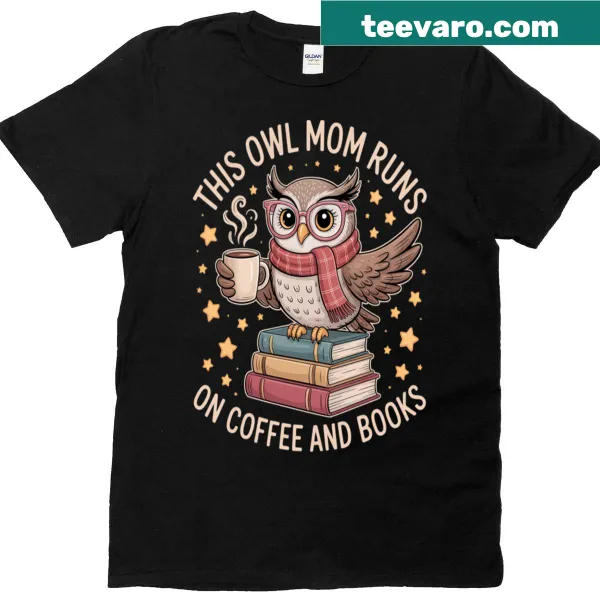 Owl graphic T-shirt for moms with coffee and books theme