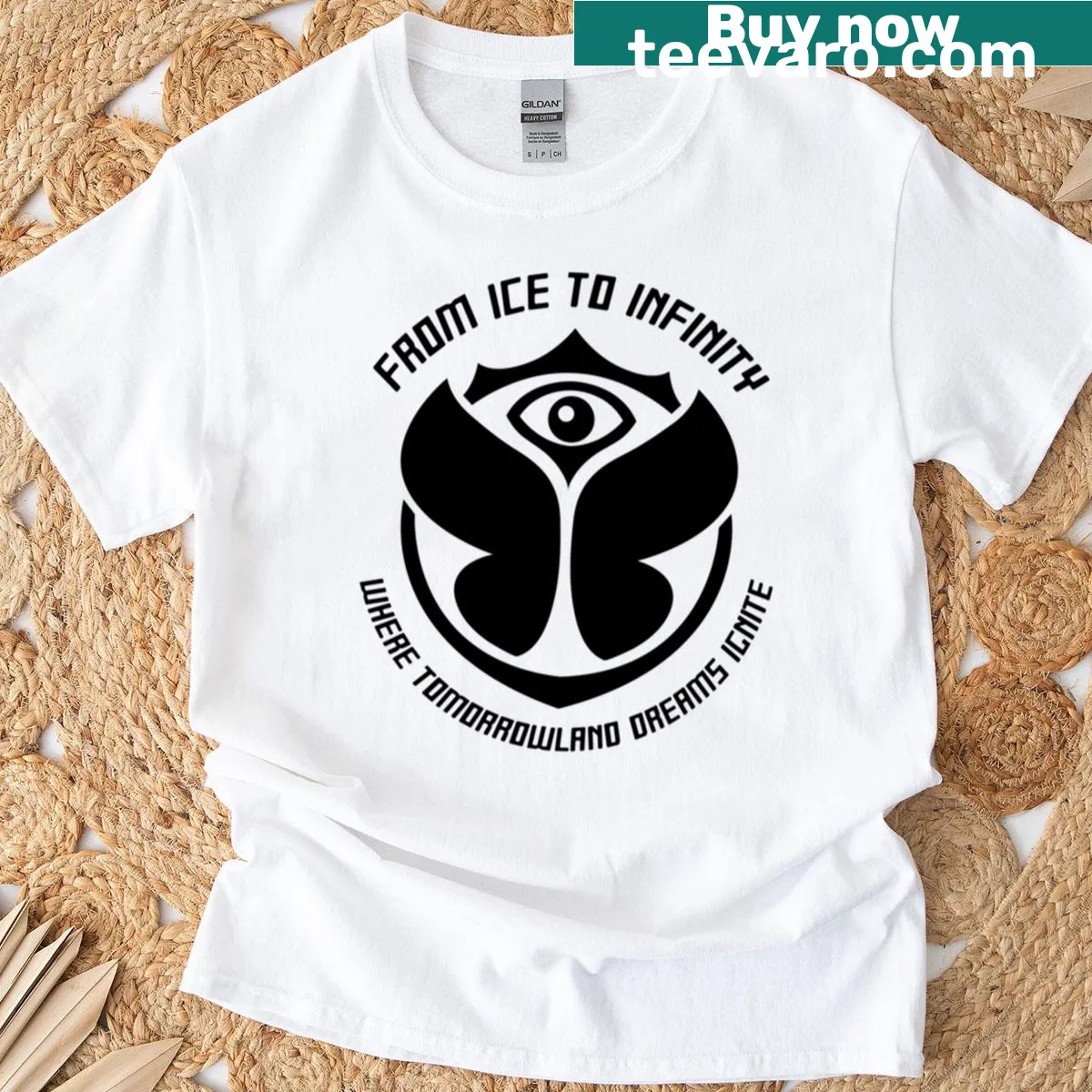 Illustrated Tomorrowland Belgium T-shirt depicting 'From Ice To Infinity' theme — on a men's t-shirt