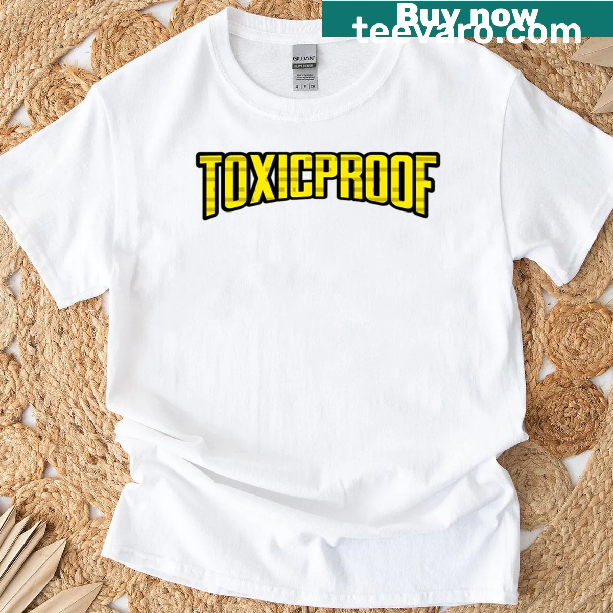 Minimalist oversized T-shirt with Toxicproof text — on a men's t-shirt