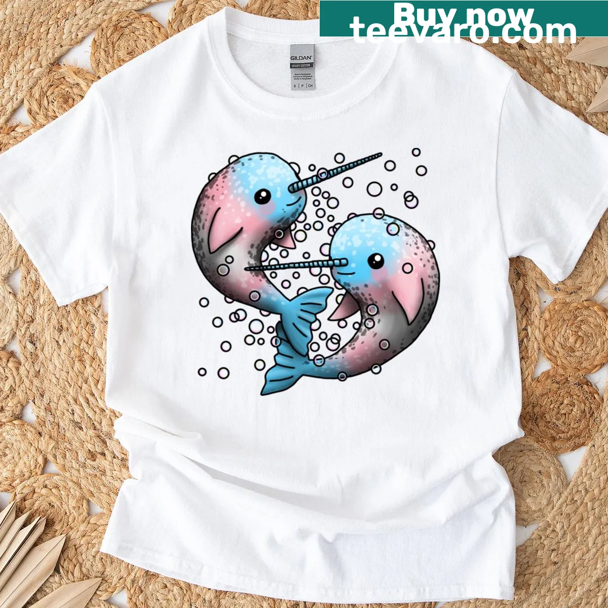 Illustrated narwhals design on a T-shirt symbolizing inclusivity — on a men's t-shirt