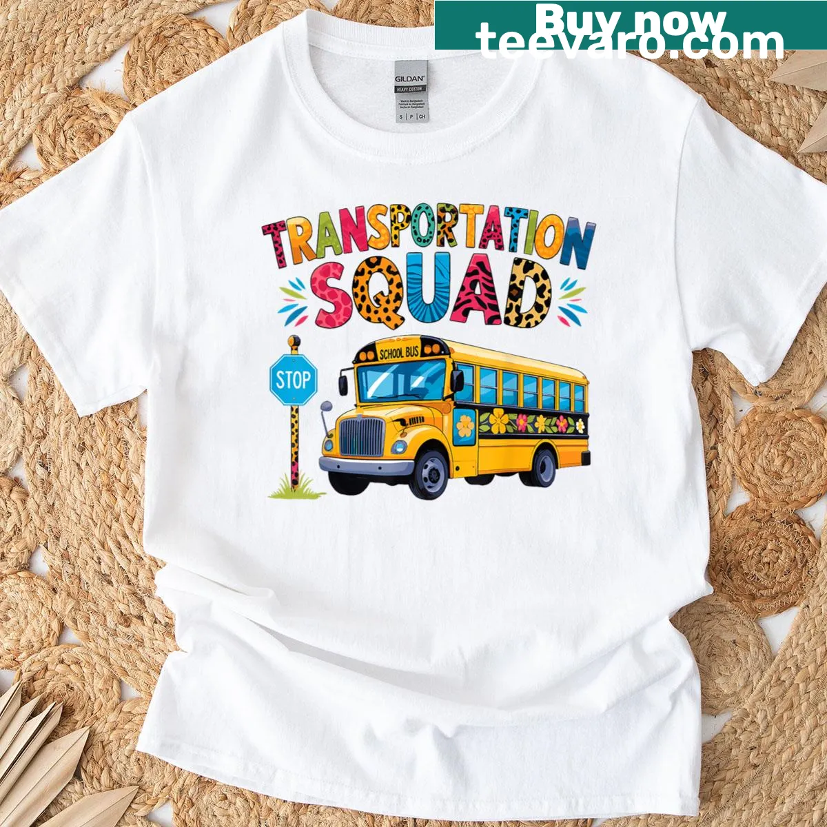 Bus driver T-shirt with Transportation Squad text and school bus graphic — on a men's t-shirt