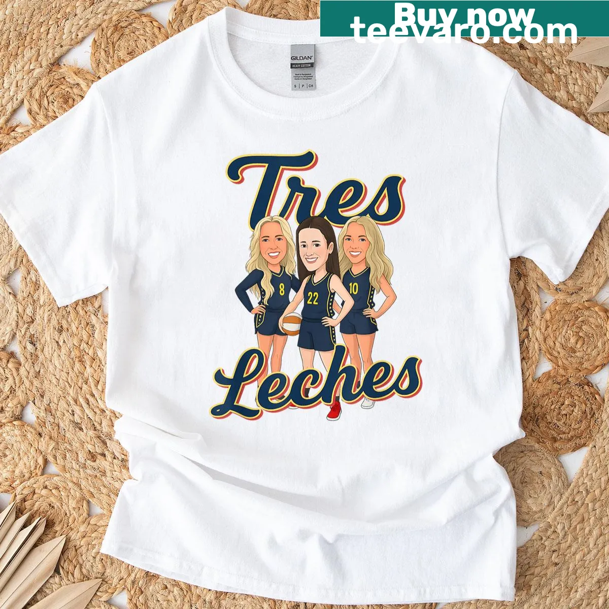 Typographic design celebrating women's basketball and tres leches — on a men's t-shirt
