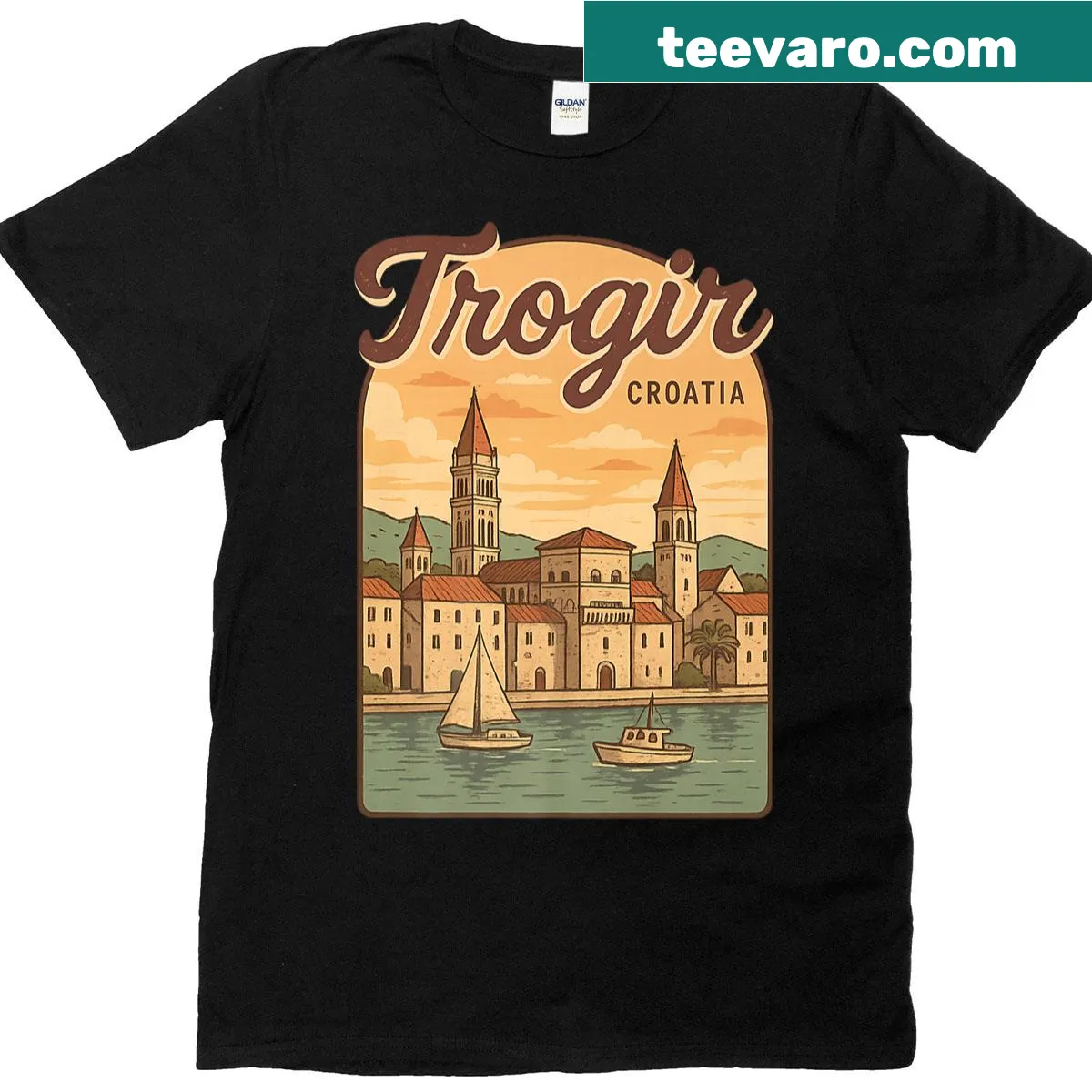 Artistic skyline graphic of Trogir, Croatia on a souvenir t-shirt. — on a men's t-shirt