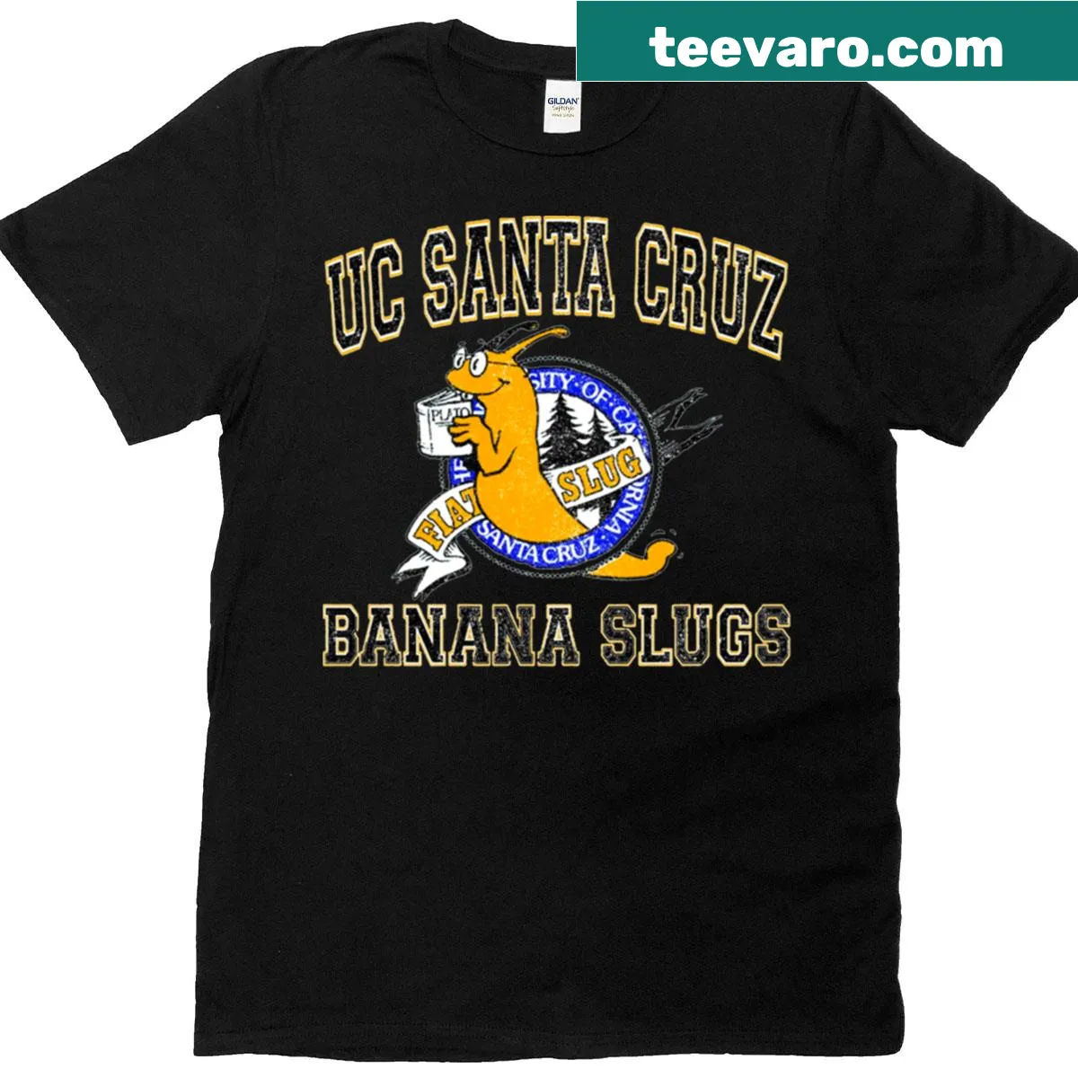 T-shirt featuring a playful graphic of the UC Santa Cruz Banana Slug — on a men's t-shirt