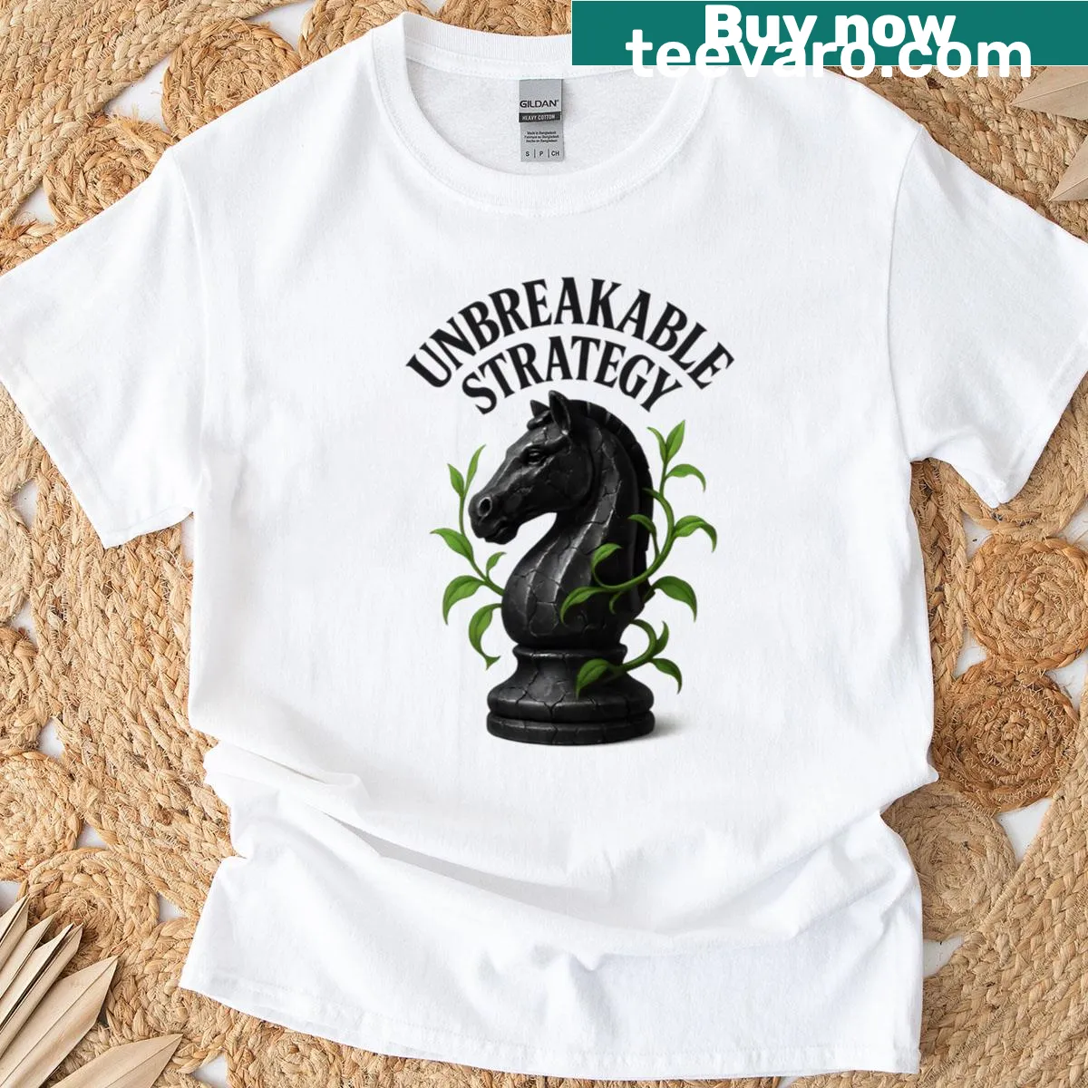 Funny oversized chess t-shirt with knight illustration and humorous text — on a men's t-shirt