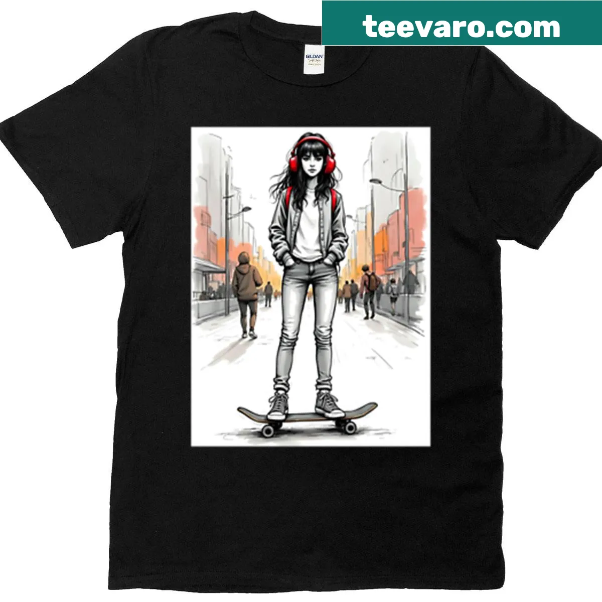 Illustrative t-shirt featuring an urban skater girl design — on a men's t-shirt