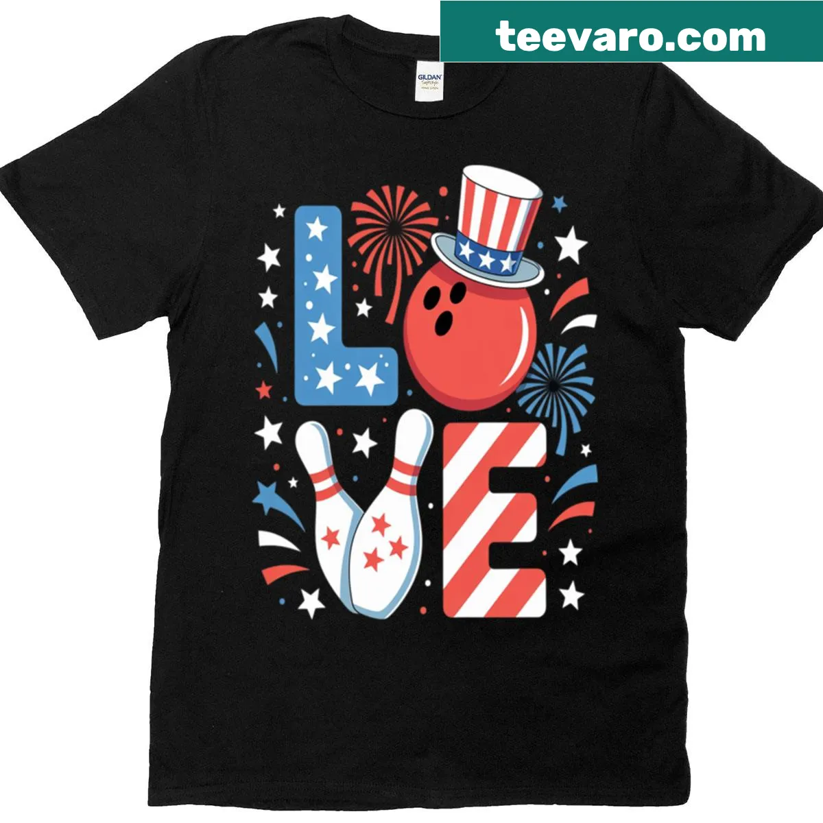 Patriotic T-shirt featuring the American flag with a bowling theme — on a men's t-shirt