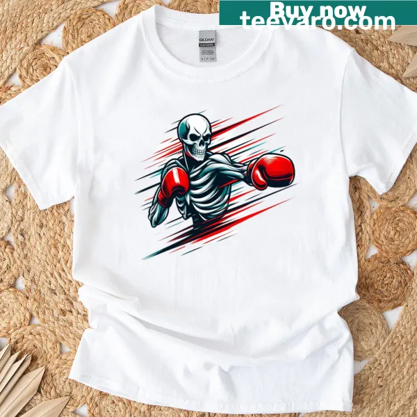Skeleton boxing graphic on a T-shirt, illustrating power and humor