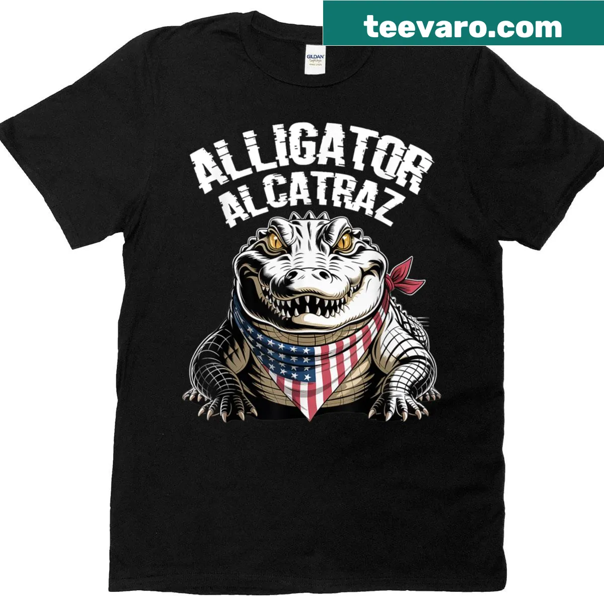 Vintage-style T-shirt featuring an alligator and American flag graphic — on a men's t-shirt