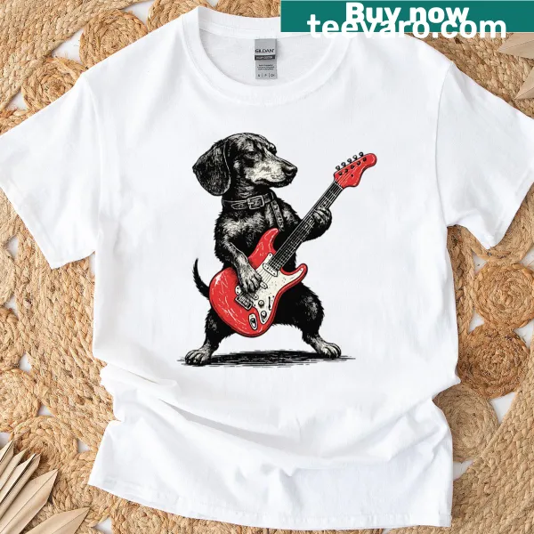 Vintage dachshund t-shirt with cartoon dog playing guitar