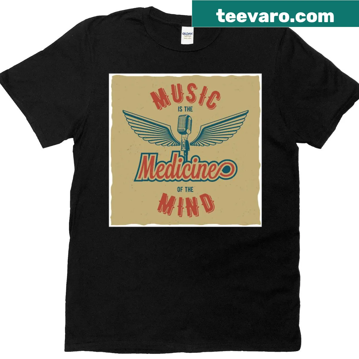 Retro music-themed t-shirt with vintage microphone design — on a men's t-shirt