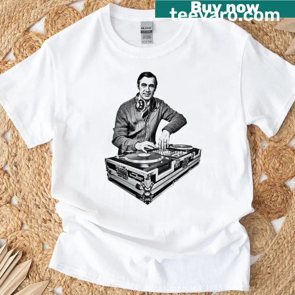 Vintage Mr. Rogers graphic with DJ turntables on a t-shirt