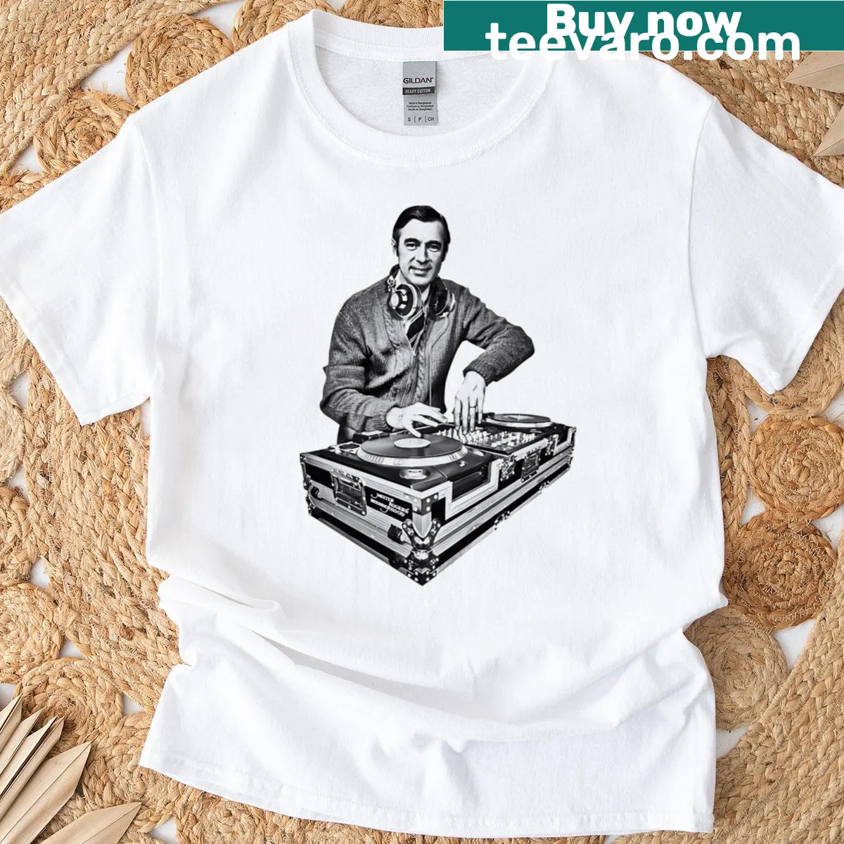 Vintage Mr. Rogers graphic with DJ turntables on a t-shirt — on a men's t-shirt