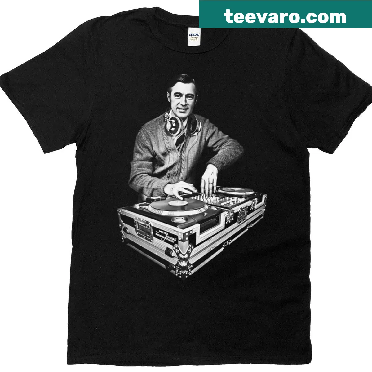 Vintage Mr Rogers DJ Turntables t-shirt with a distressed graphic — on a men's t-shirt