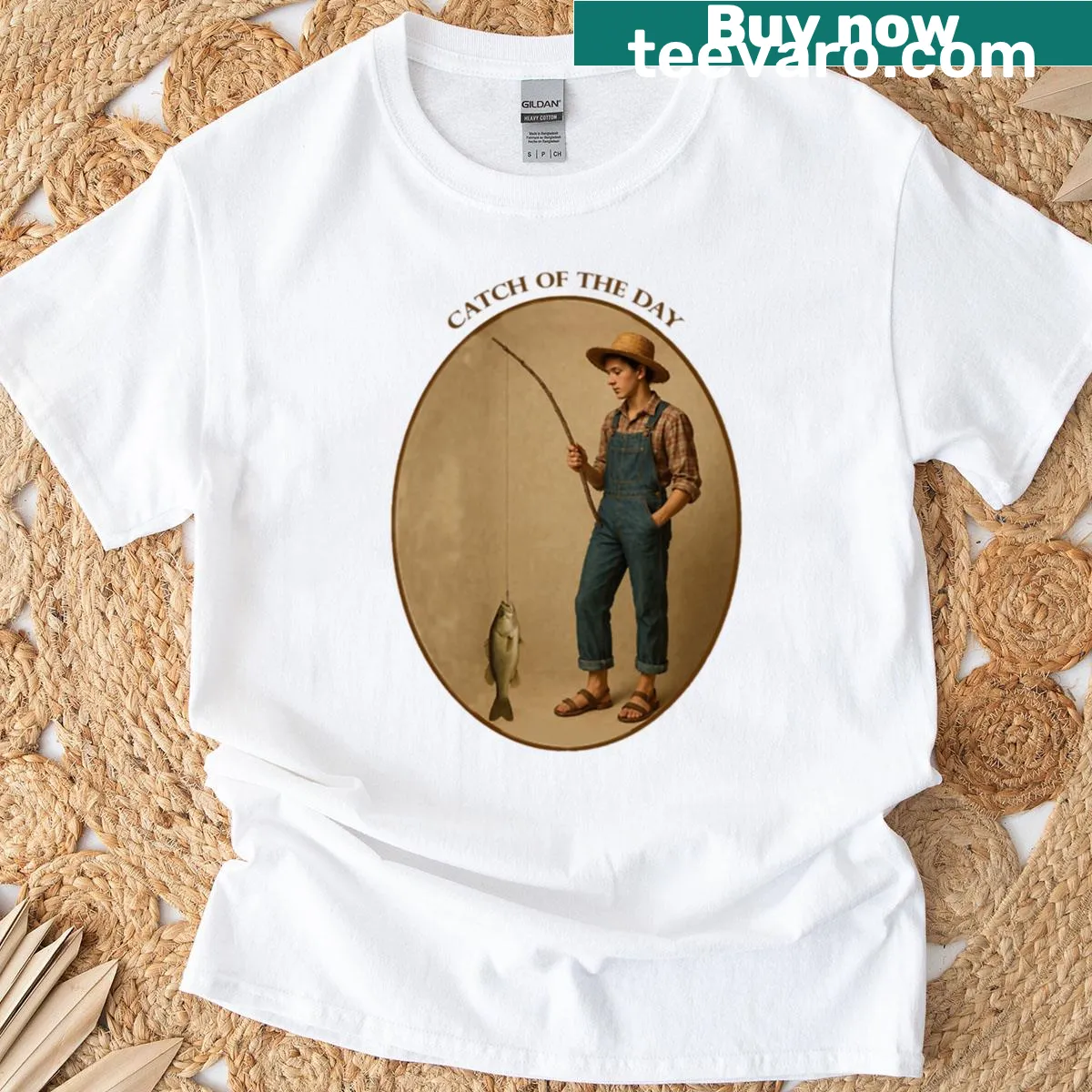 Oversized vintage fisherman t-shirt with a branch pole and fish illustration — on a men's t-shirt