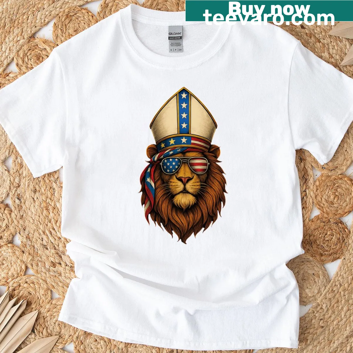 Patriotic T-shirt with Pope Leo XIV emblem and US flag design — on a men's t-shirt