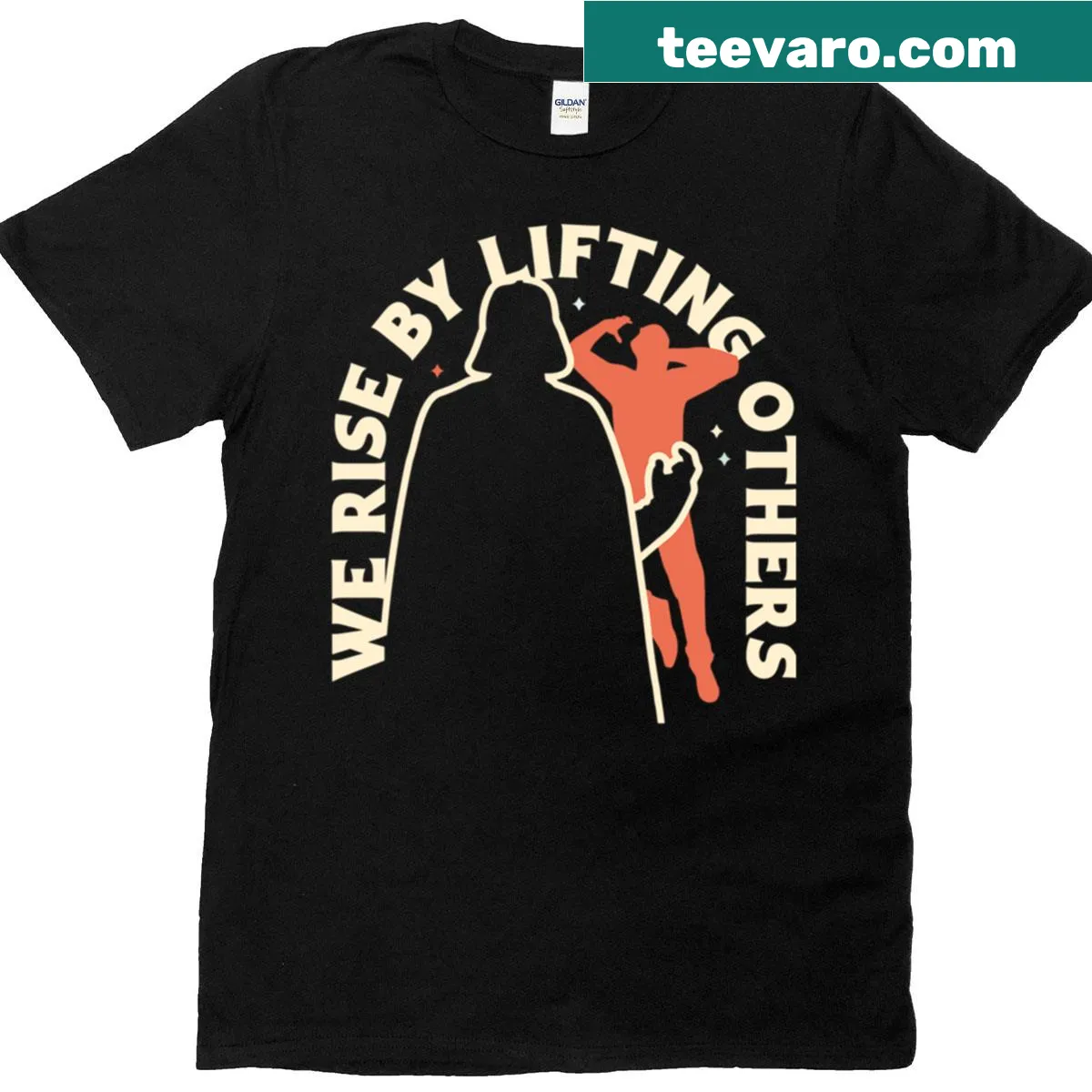 Inspirational t-shirt with 'We Rise By Lifting Others' text — on a men's t-shirt