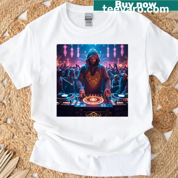 Cartoon wizard DJ mixing music graphic T-shirt