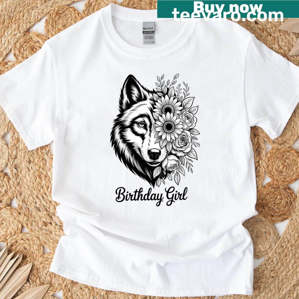 Wolf illustrated with flowers for a birthday celebration — on a men's t-shirt