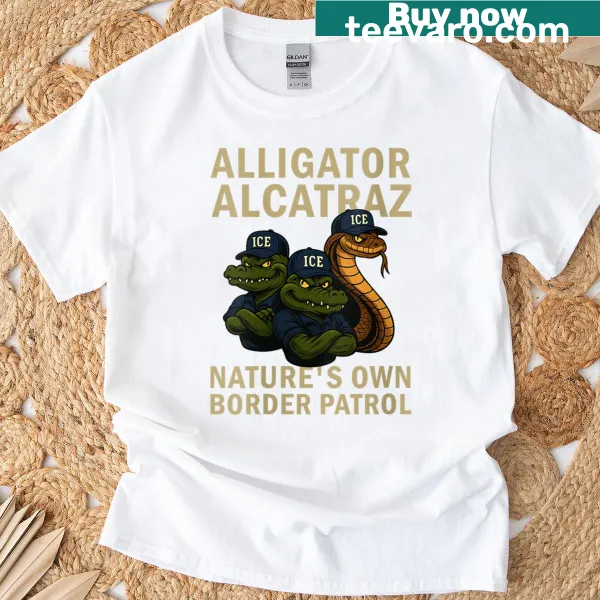 Distressed t-shirt featuring an alligator and 'nature's own border patrol' phrase