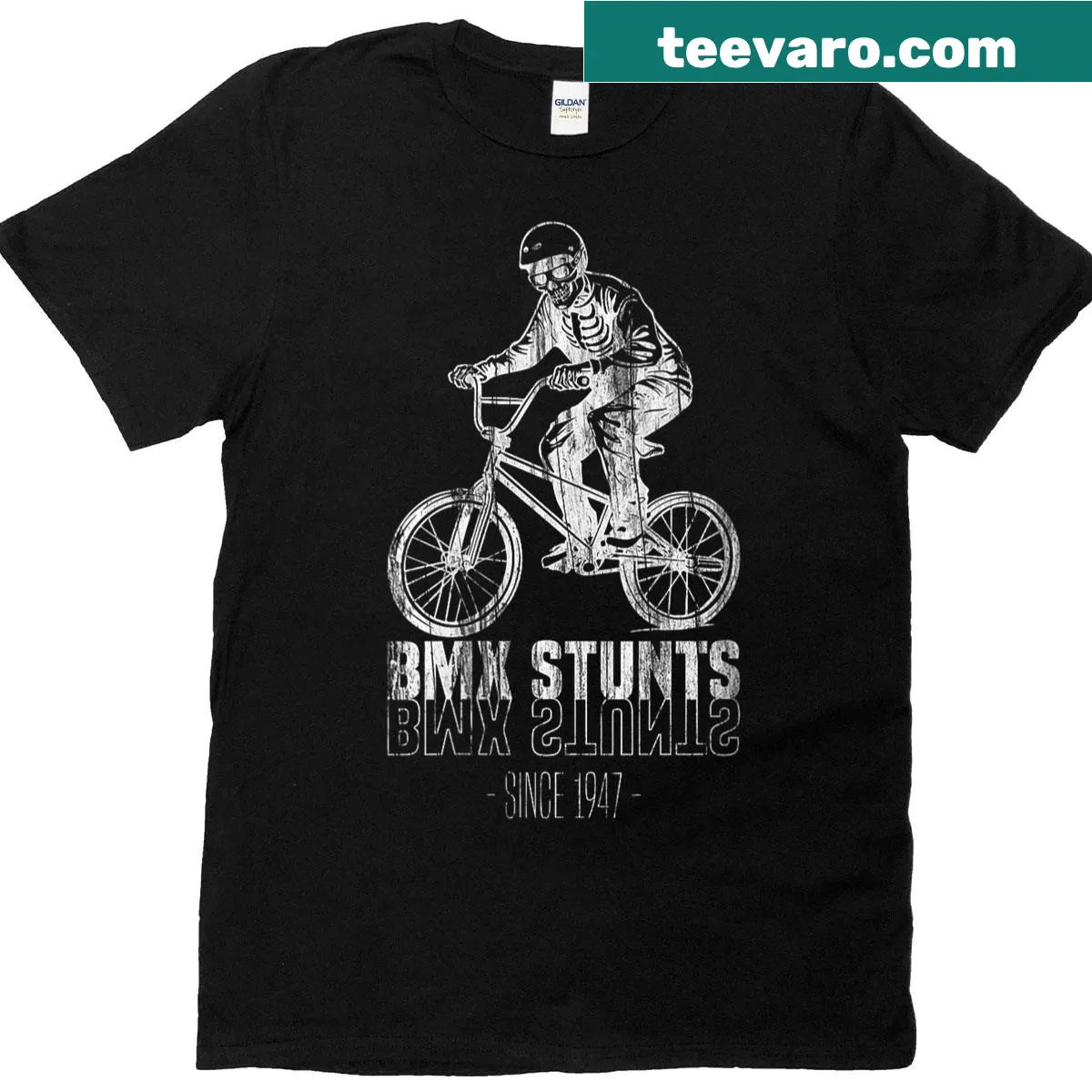 T-shirt featuring a skeleton riding a BMX bike, retro design — on a men's t-shirt