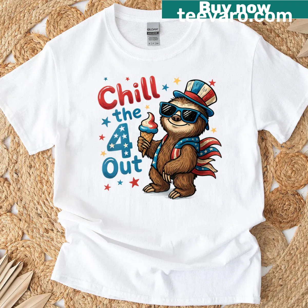 Cute sloth graphic T-shirt for Fourth of July — on a men's t-shirt