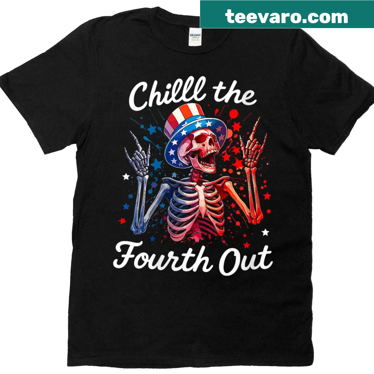 Funny patriotic skeleton t-shirt with 'Chill The Fourth Out' text — on a men's t-shirt