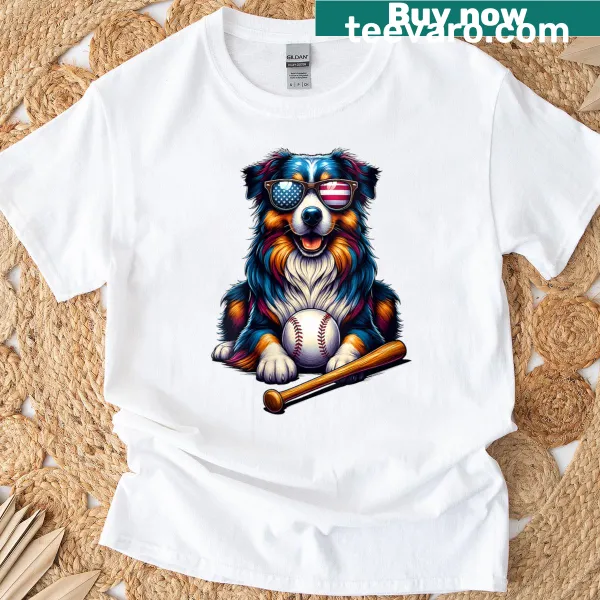 Cute Australian Shepherd T-shirt with baseball and sunglasses