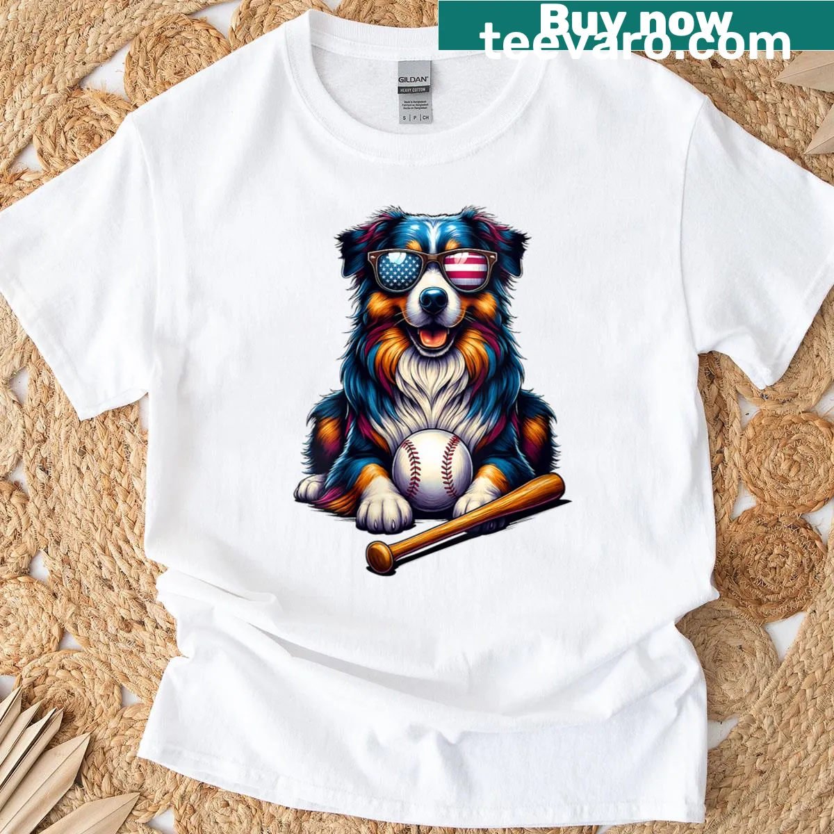 Cute Australian Shepherd T-shirt with baseball and sunglasses — on a men's t-shirt
