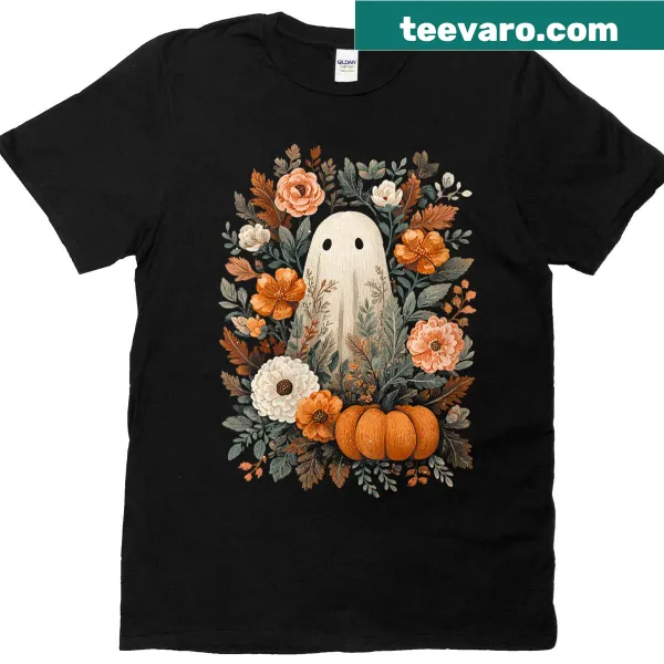 Cute ghost and pumpkin graphic on a Halloween T-shirt