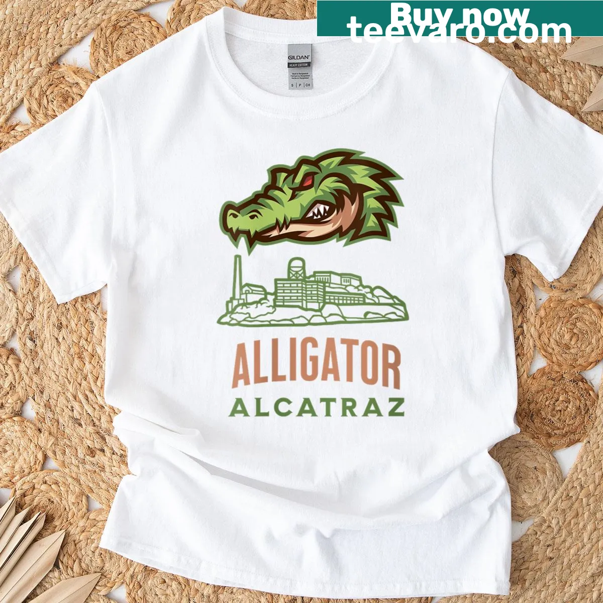 Playful alligator graphic T-shirt inspired by Alcatraz and Everglades — on a men's t-shirt