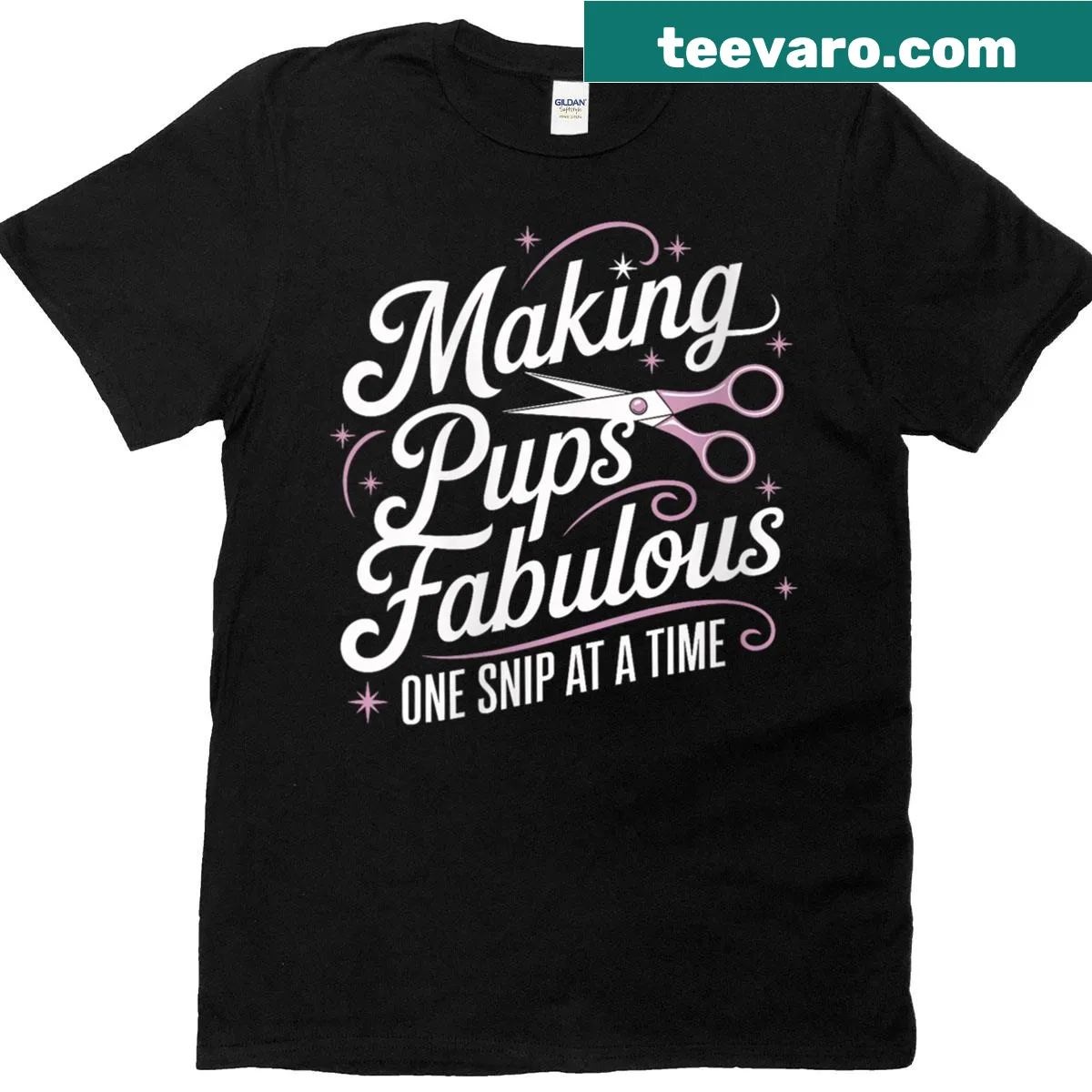 Funny graphic T-shirt for dog groomers featuring humorous pet grooming text. — on a men's t-shirt