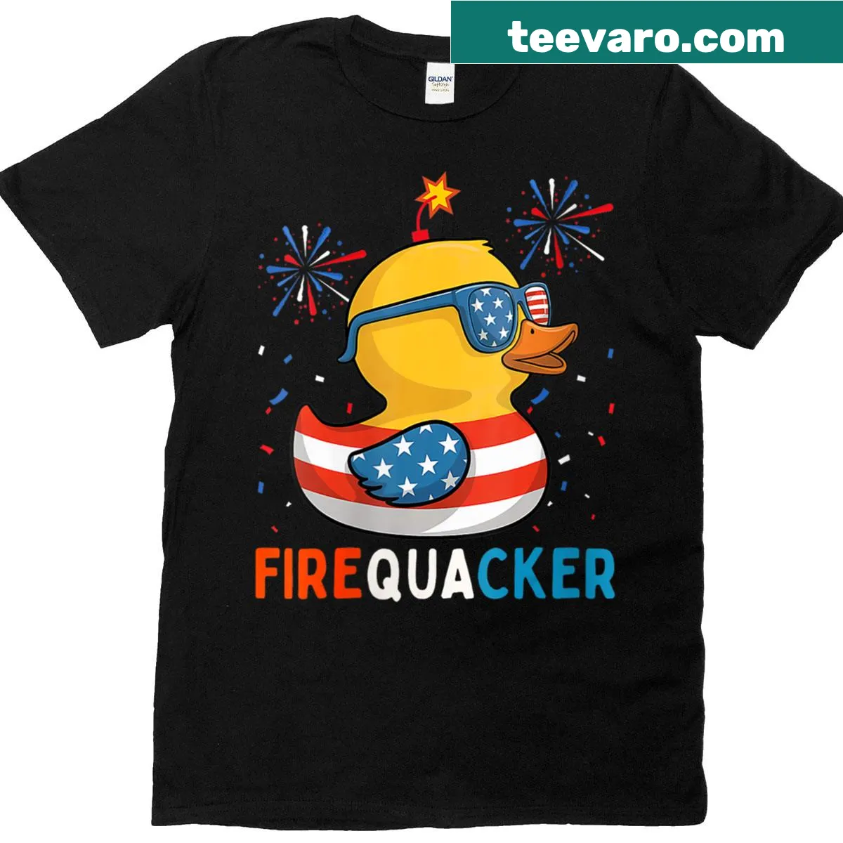 Funny duck graphic with American flag for Fourth of July. — on a men's t-shirt