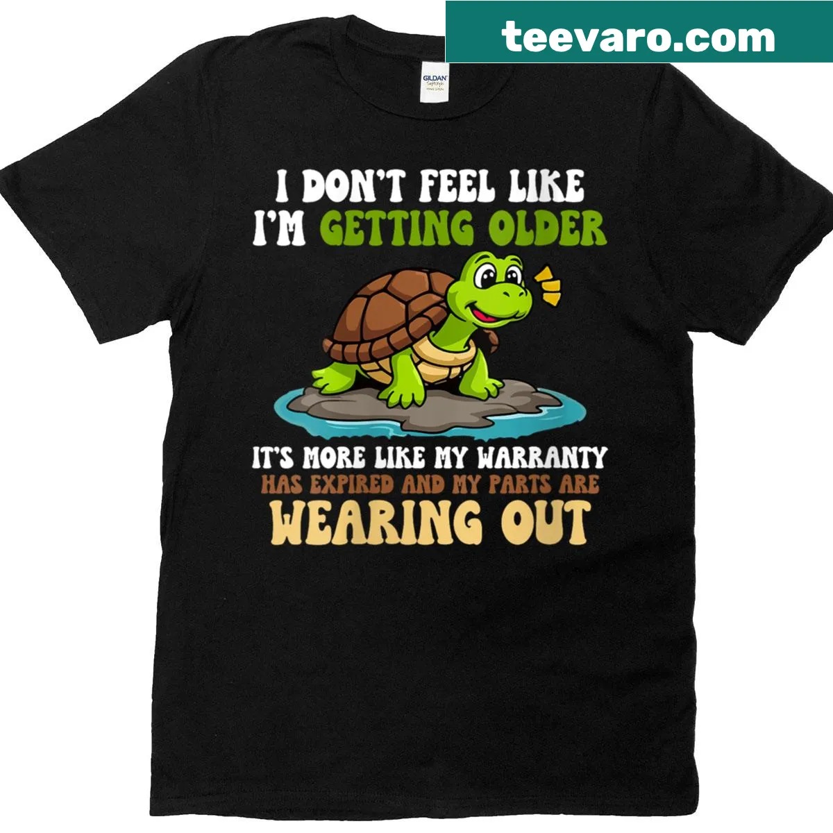 Funny turtle graphic T-shirt with humorous aging text for everyday wear. — on a men's t-shirt