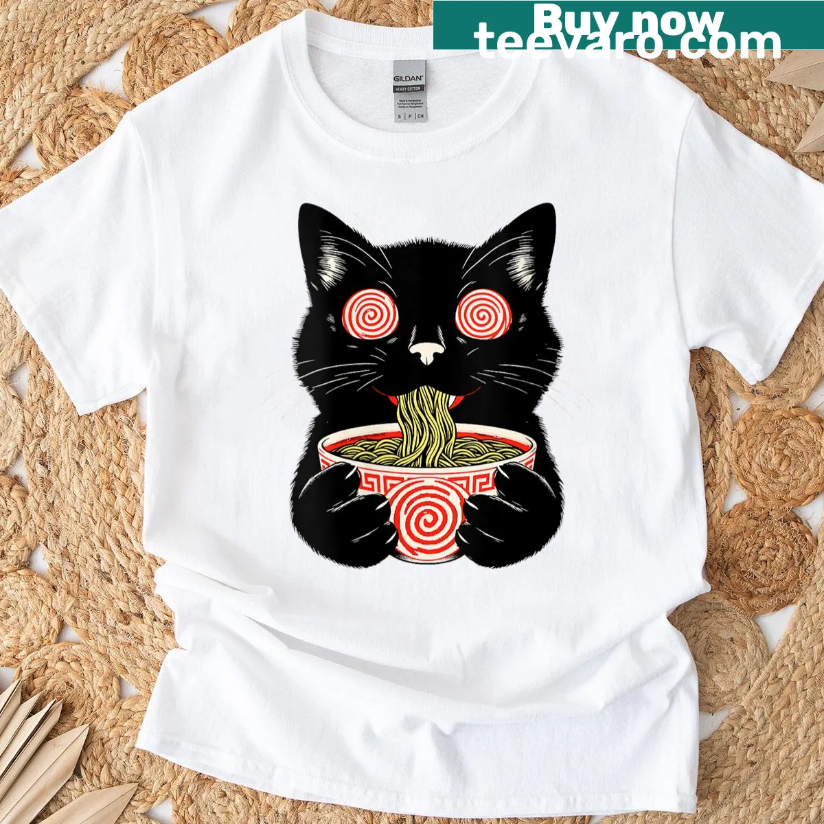 Kawaii black cat graphic T-shirt enjoying ramen noodles — on a men's t-shirt