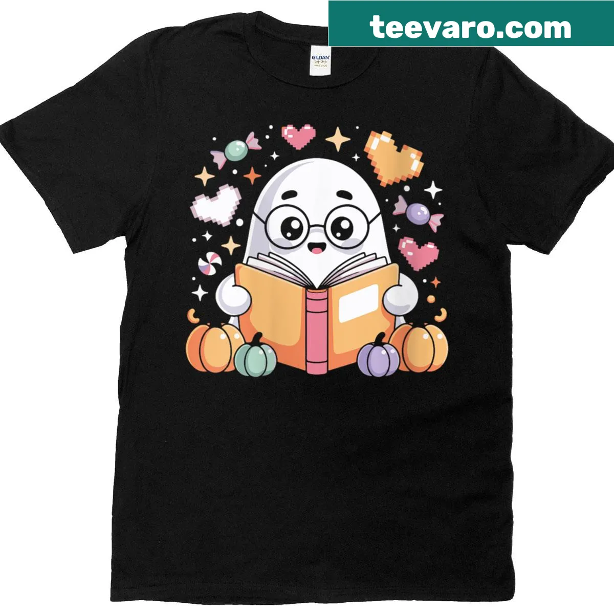 Ghost illustration with a book for Halloween readers and bookworms. — on a men's t-shirt