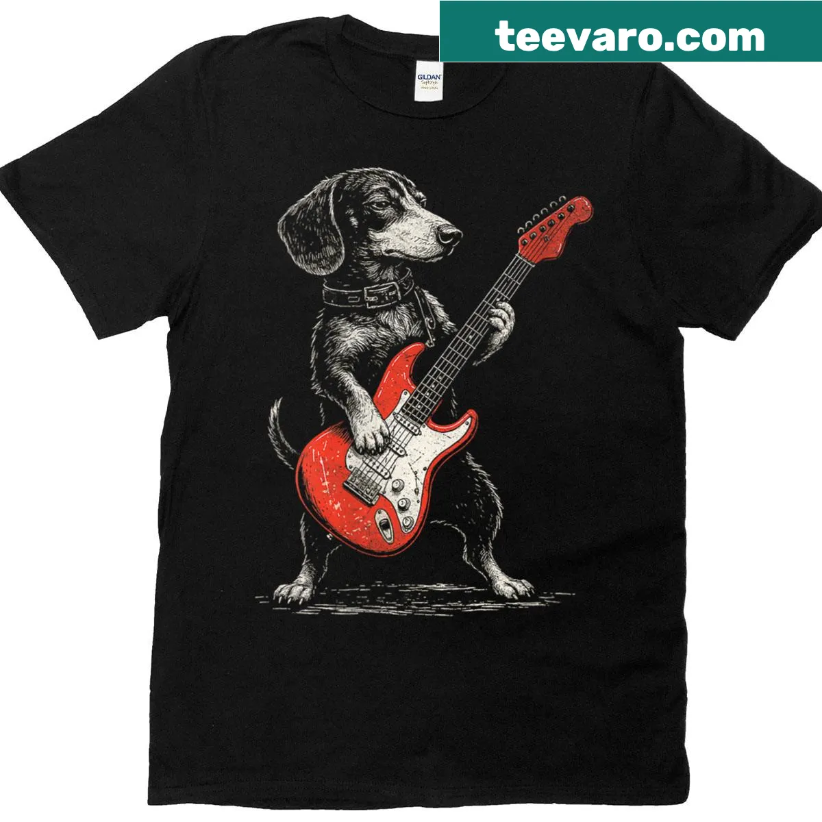 Vintage-style T-shirt featuring a dachshund with a guitar — on a men's t-shirt