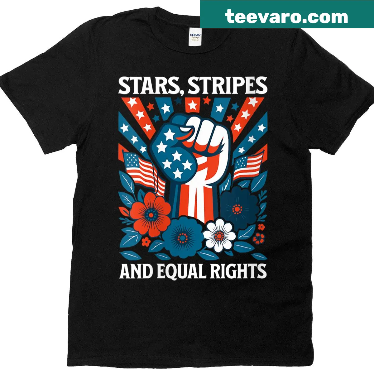 Patriotic T-shirt with stars, stripes, and equal rights message — on a men's t-shirt