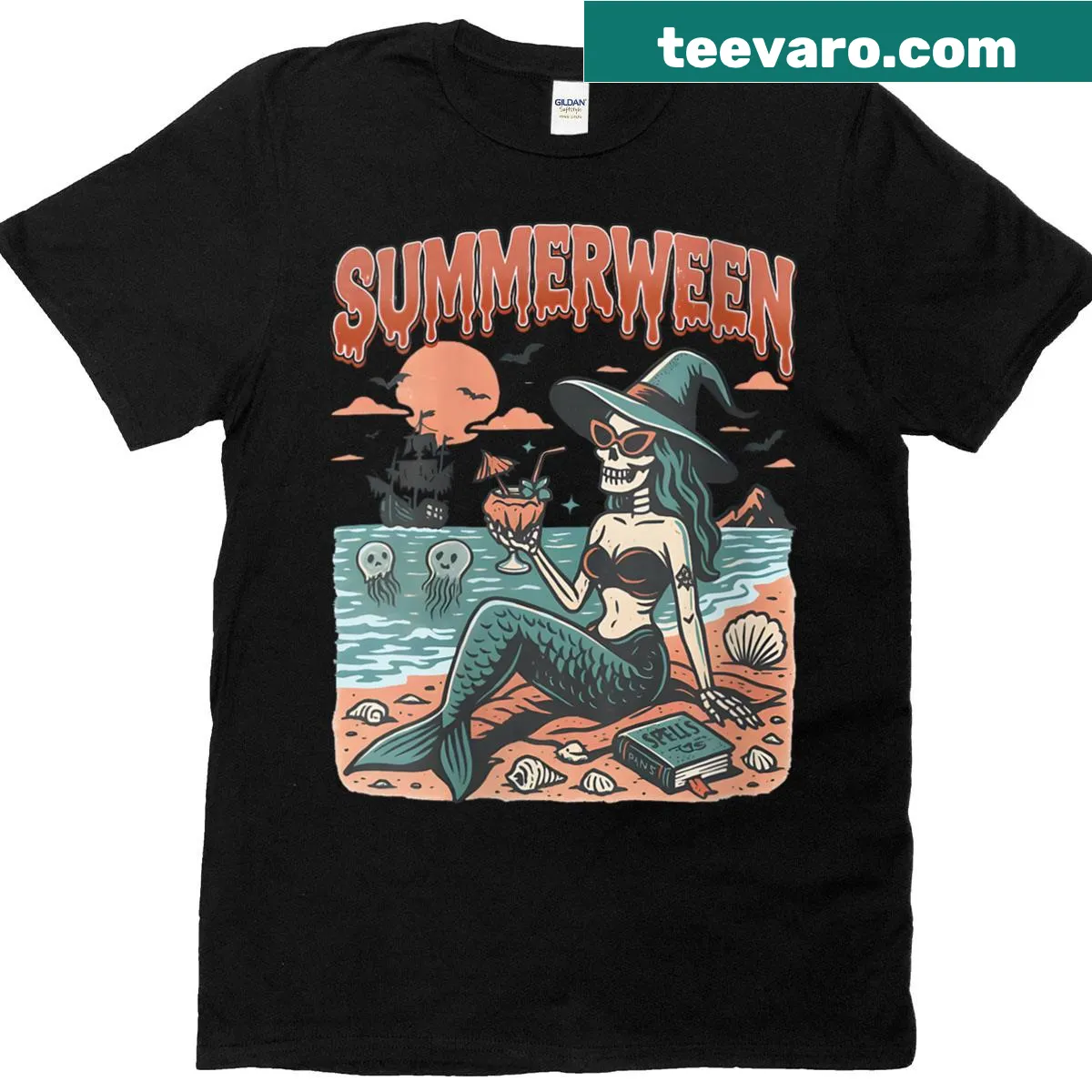 T-shirt featuring a mermaid skeleton and beach-themed Halloween design — on a men's t-shirt