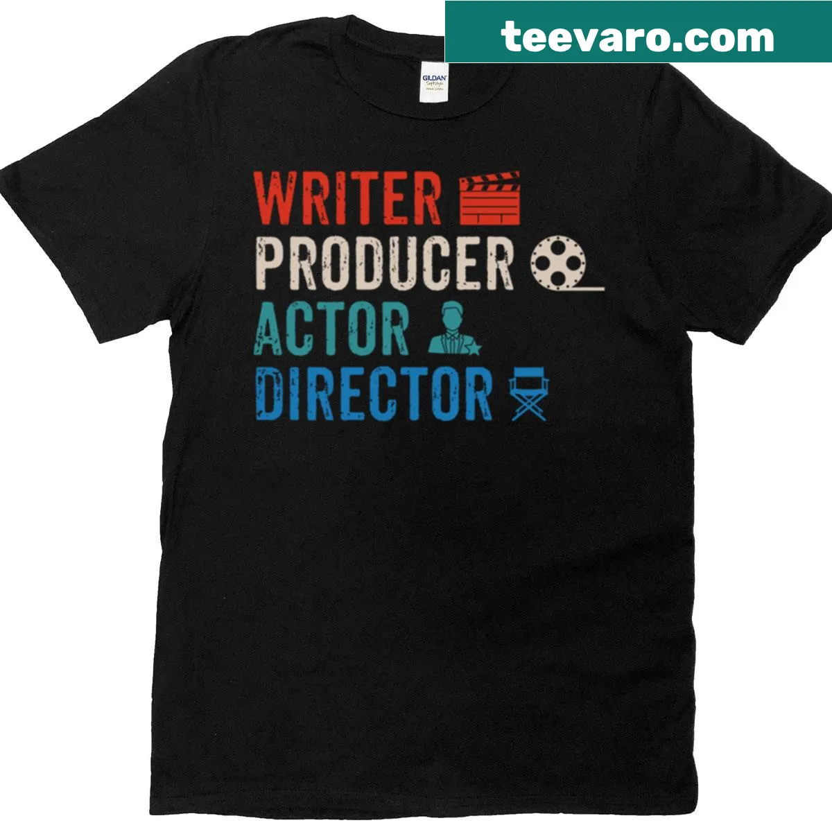 Retro typography T-shirt for writers and filmmakers with film industry terms. — on a men's t-shirt