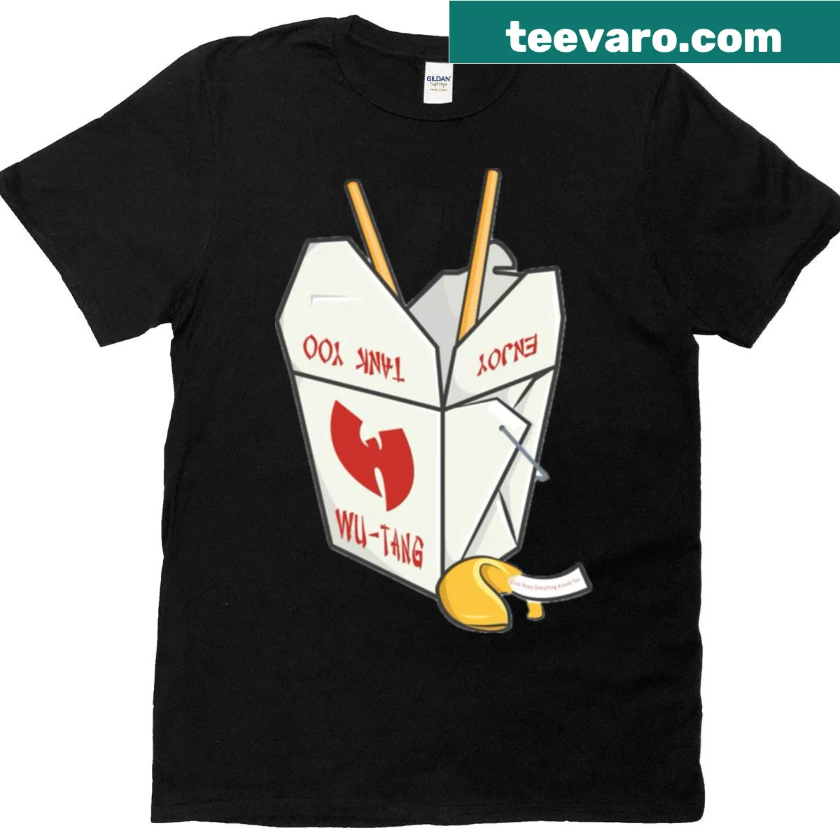 Humorous Wu Tang T-shirt featuring a takeout theme — on a men's t-shirt