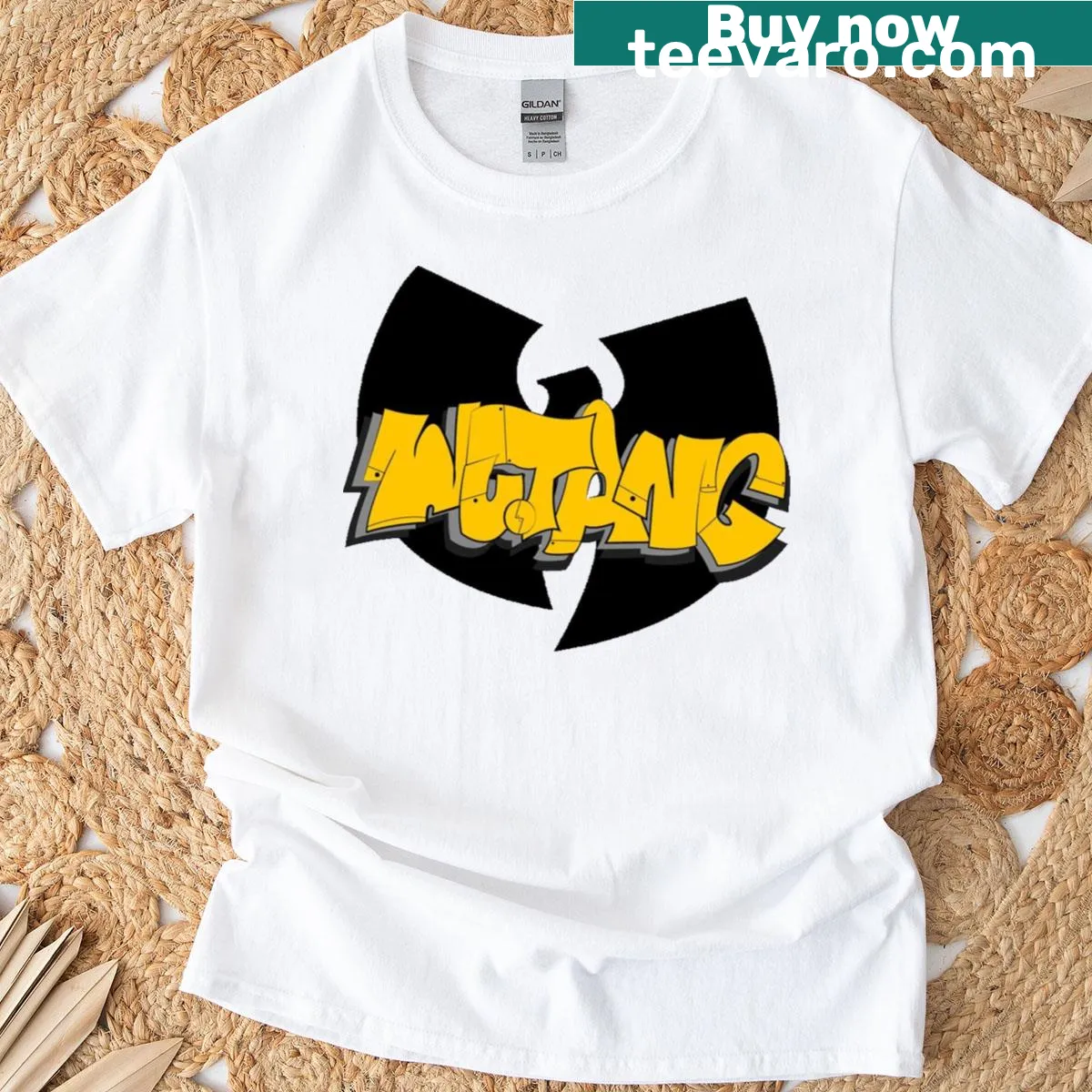 Bold Wu-Tang Clan logo graphic on t-shirt — on a men's t-shirt
