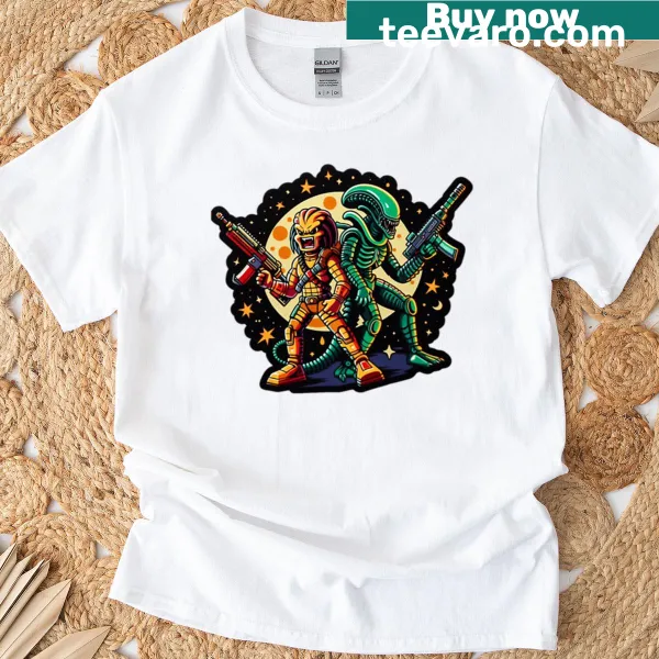 Xenomorph and Predator graphic T-shirt depicting allies