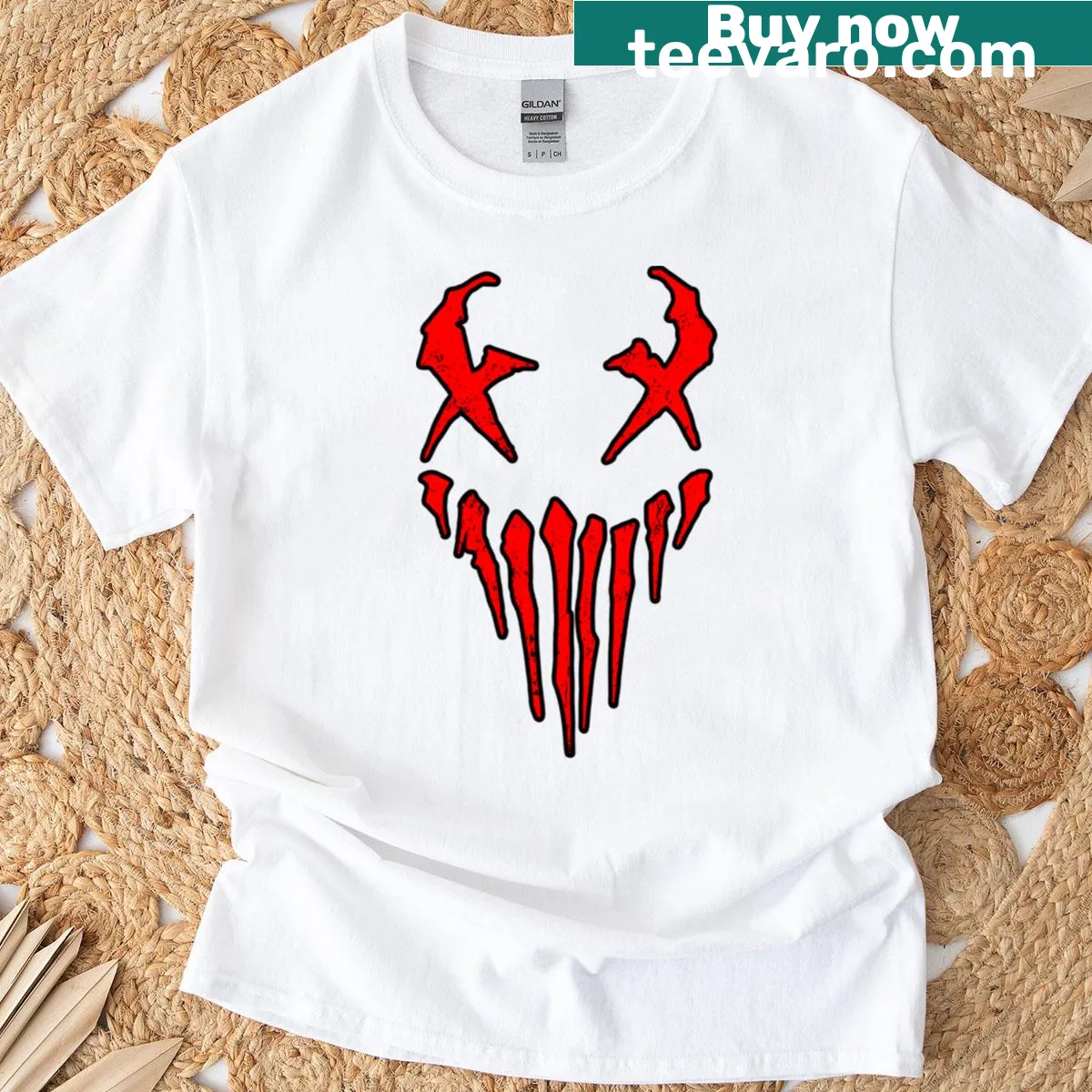 T-shirt featuring a graphic of the Xgrin Red Mask — on a men's t-shirt