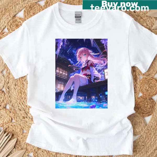 Oversized Yanfei t-shirt with moonlit wisteria illustration