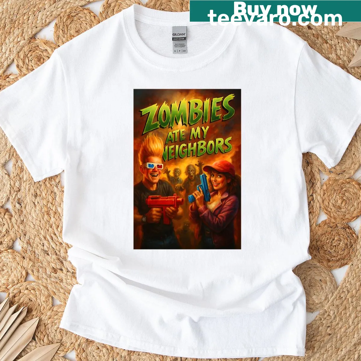 Retro game art T-shirt themed after Zombies Ate My Neighbors — on a men's t-shirt