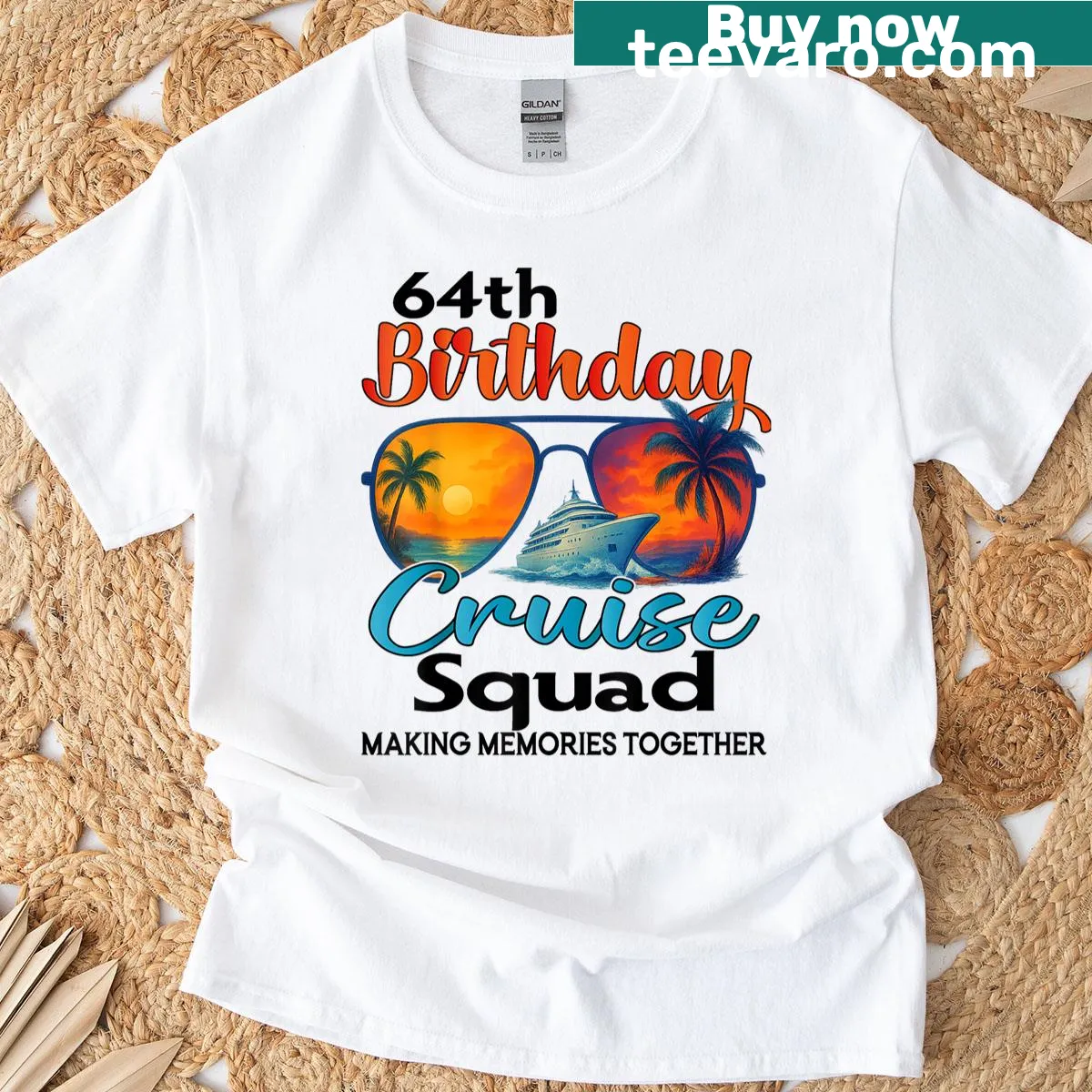 Matching t-shirts for a 64th birthday cruise squad with fun graphics — on a men's t-shirt