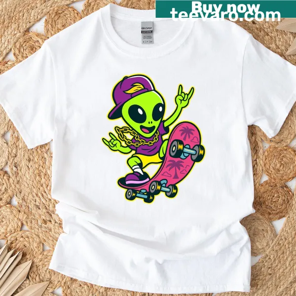 Cool skater alien cartoon design on a T-shirt.